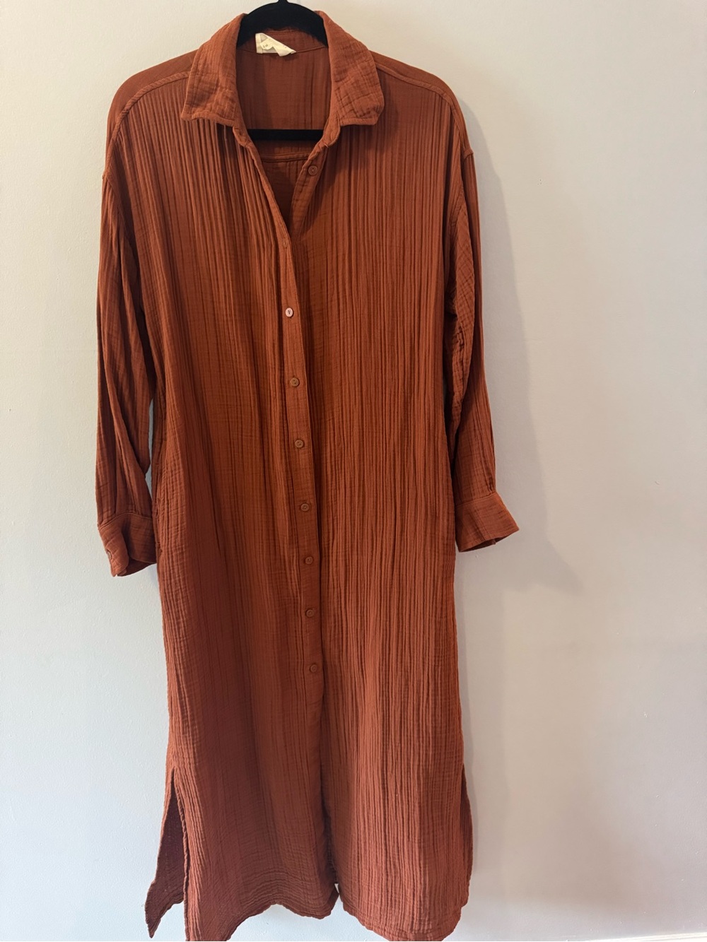 Low & Gray Long Sleeve Cotton Button-Front Maxi Shirt Dress in Rust S